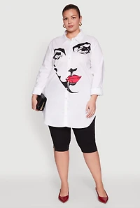 Womens Plus Size Long Sleeve Tunic Shirt with Face Print, White, Size 3X