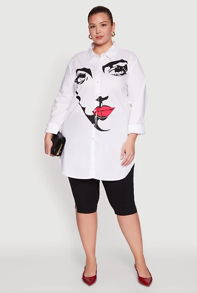 Womens Plus Size Long Sleeve Tunic Shirt with Face Print, White, Size 2X