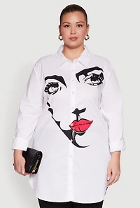 Womens Plus Size Long Sleeve Tunic Shirt with Face Print, White, Size 3X