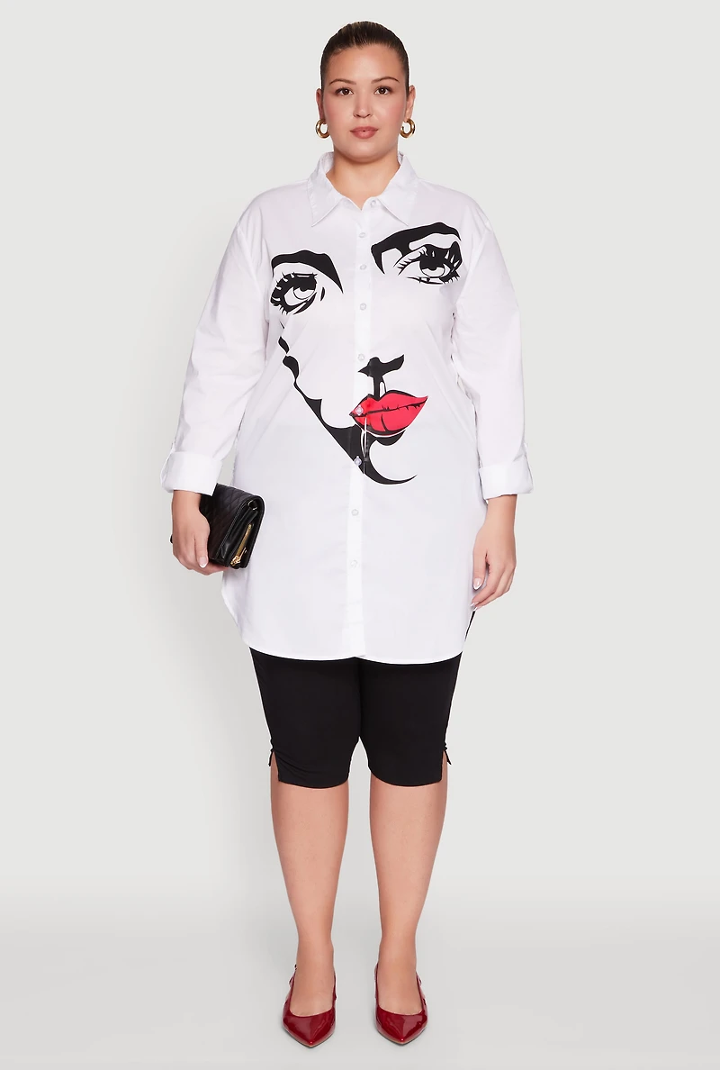 Womens Plus Size Long Sleeve Tunic Shirt with Face Print, White, Size 3X