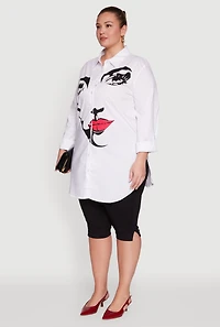Womens Plus Size Long Sleeve Tunic Shirt with Face Print, White, Size 1X