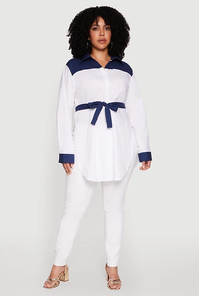 Womens Plus Size Color Blocked Tie Waist Belted Tunic Shirt, White, Size 1X