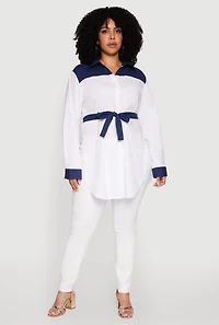 Plus Color Blocked Tie Waist Belted Tunic Shirt