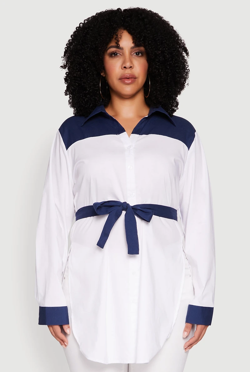 Womens Plus Size Color Blocked Tie Waist Belted Tunic Shirt, Multi, Size 2X