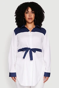 Womens Plus Size Color Blocked Tie Waist Belted Tunic Shirt, Multi, Size 2X