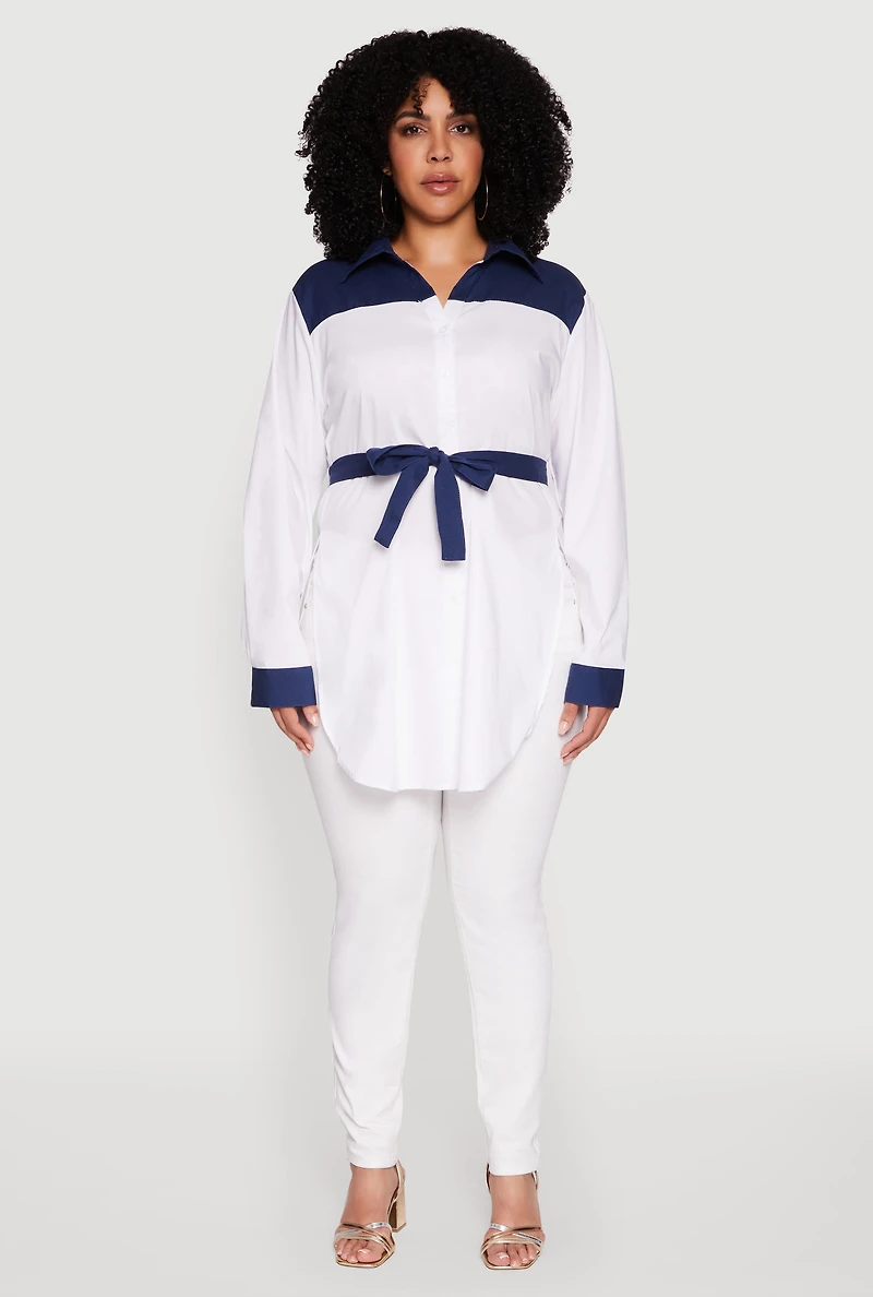 Womens Plus Size Color Blocked Tie Waist Belted Tunic Shirt, Multi, Size 2X