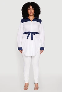 Womens Plus Size Color Blocked Tie Waist Belted Tunic Shirt, Multi, Size 2X