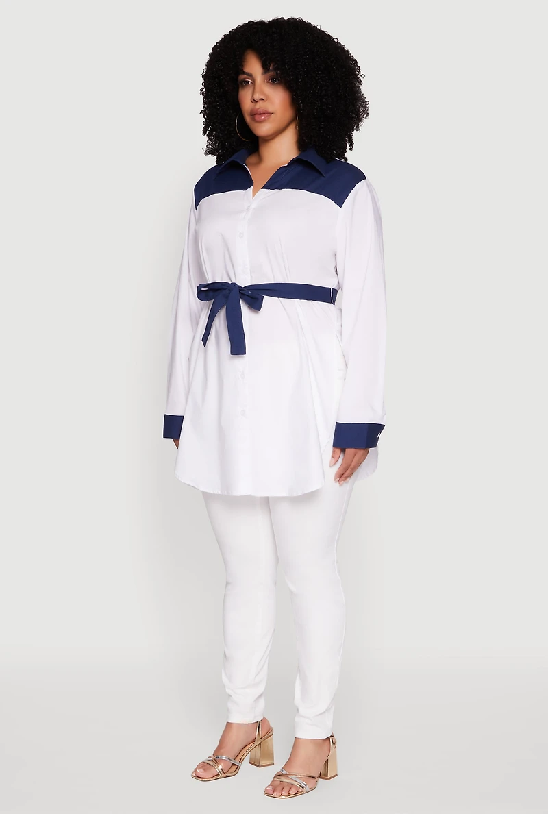 Womens Plus Size Color Blocked Tie Waist Belted Tunic Shirt, Multi, Size 2X