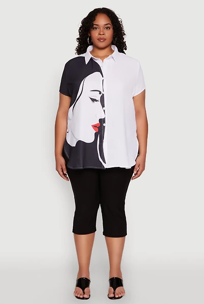 Womens Plus Size Two Tone Face Print Shirt, Multi, Size 3X