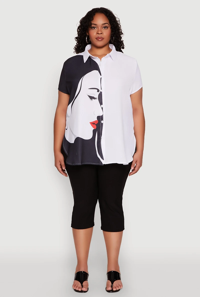 Womens Plus Size Two Tone Face Print Shirt, Multi, Size 3X