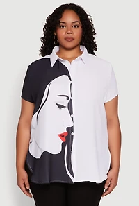 Womens Plus Size Two Tone Face Print Shirt, Multi, Size 3X
