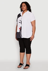 Womens Plus Size Two Tone Face Print Shirt, Multi, Size 2X