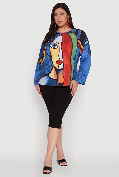 Womens Plus Size Trendy Abstract Face Print Blouse, Multi, Size 2X