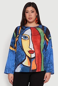 Womens Plus Size Trendy Abstract Face Print Blouse, Multi, Size 2X