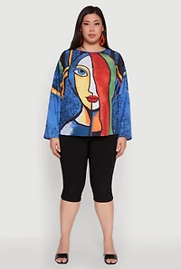 Womens Plus Size Trendy Abstract Face Print Blouse, Multi, Size 2X