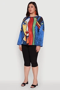 Womens Plus Size Trendy Abstract Face Print Blouse, Multi, Size 2X