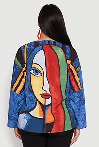 Womens Plus Size Trendy Abstract Face Print Blouse, Multi, Size 2X