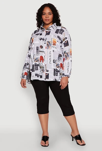 Plus Newspaper Print Button Front Shirt