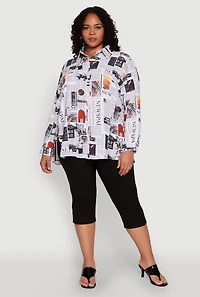 Plus Newspaper Print Button Front Shirt