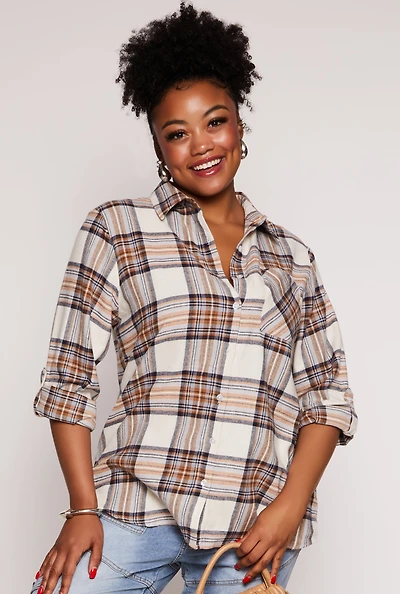 Plus Lurex Plaid Tabbed Sleeve Shirt