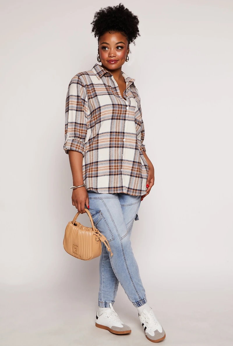 Plus Lurex Plaid Tabbed Sleeve Shirt