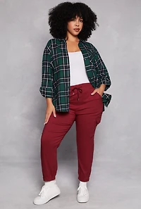 Womens Plus Size Lurex Plaid Tabbed Sleeve Shirt, Green, Size 1X