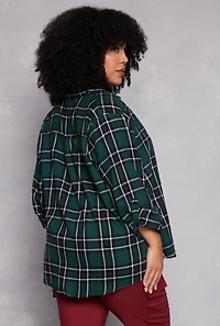 Womens Plus Size Lurex Plaid Tabbed Sleeve Shirt, Green, Size 1X