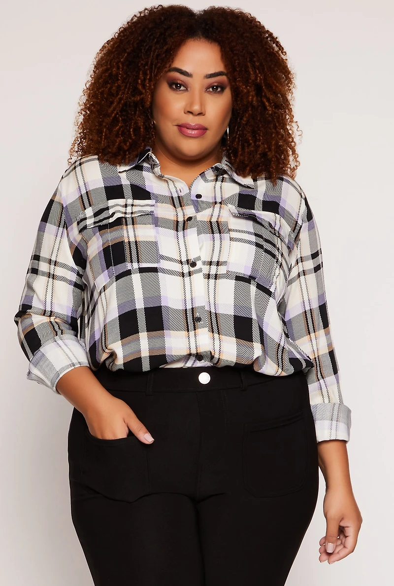 Plus Plaid Button Front Blouse