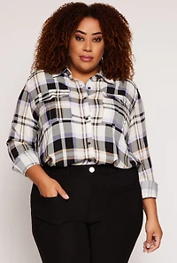 Plus Plaid Button Front Blouse