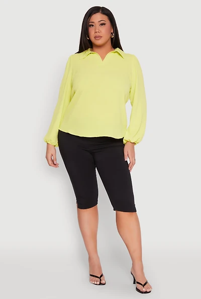 Womens Plus Size Airy Johnny Collar Long Sleeve Top, Green, Size 1X