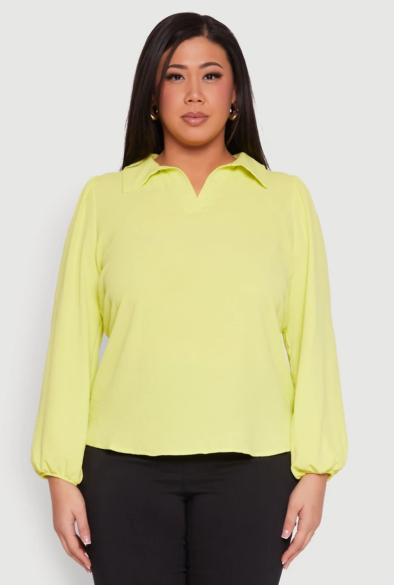 Womens Plus Size Airy Johnny Collar Long Sleeve Top, Green, Size 3X