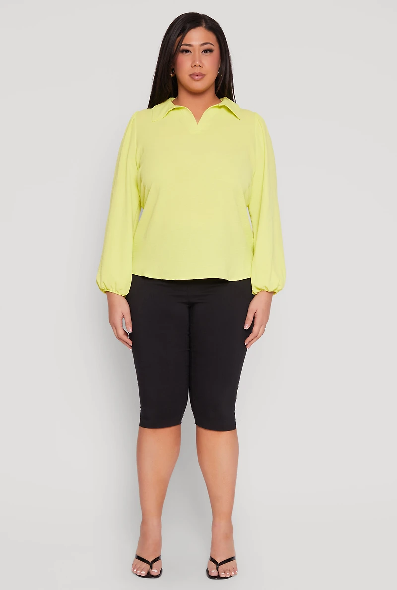 Womens Plus Size Airy Johnny Collar Long Sleeve Top, Green, Size 1X