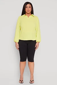 Womens Plus Size Airy Johnny Collar Long Sleeve Top, Green, Size 3X