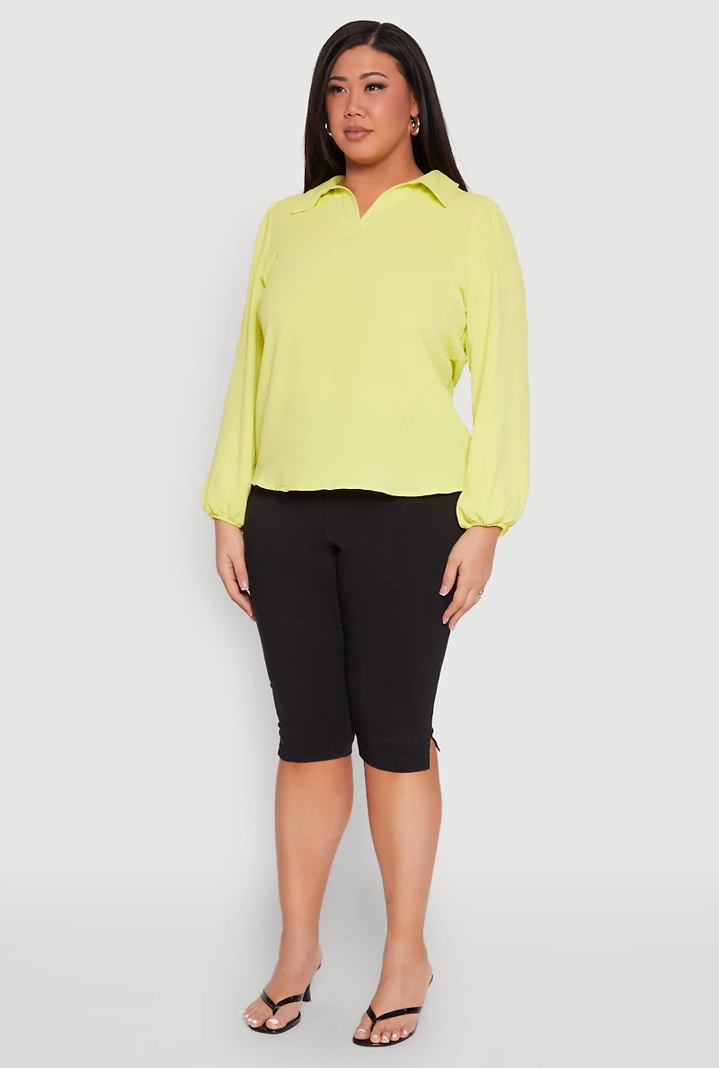 Womens Plus Size Airy Johnny Collar Long Sleeve Top, Green, Size 3X