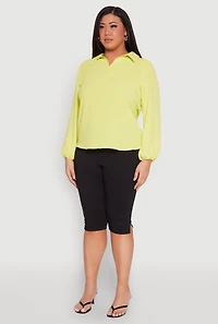 Womens Plus Size Airy Johnny Collar Long Sleeve Top, Green, Size 1X