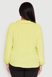 Womens Plus Size Airy Johnny Collar Long Sleeve Top, Green, Size 3X