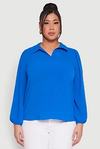 Womens Plus Airy Johnny Collar Long Sleeve Top,
