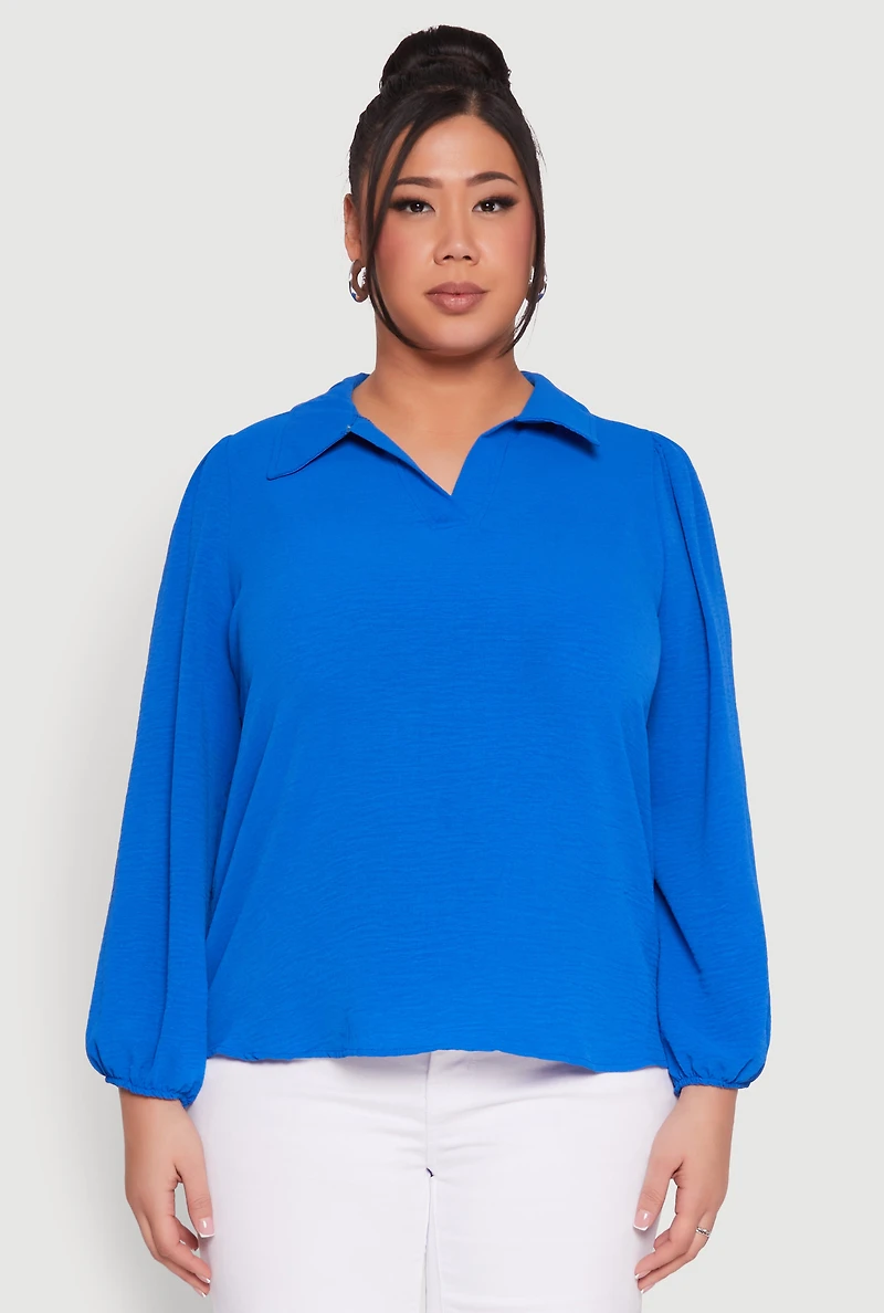 Womens Plus Size Airy Johnny Collar Long Sleeve Top, Blue, Size 2X