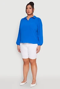 Womens Plus Airy Johnny Collar Long Sleeve Top,