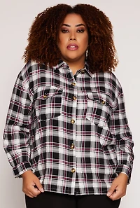 Plus Plaid Button Front Long Sleeve Shirt