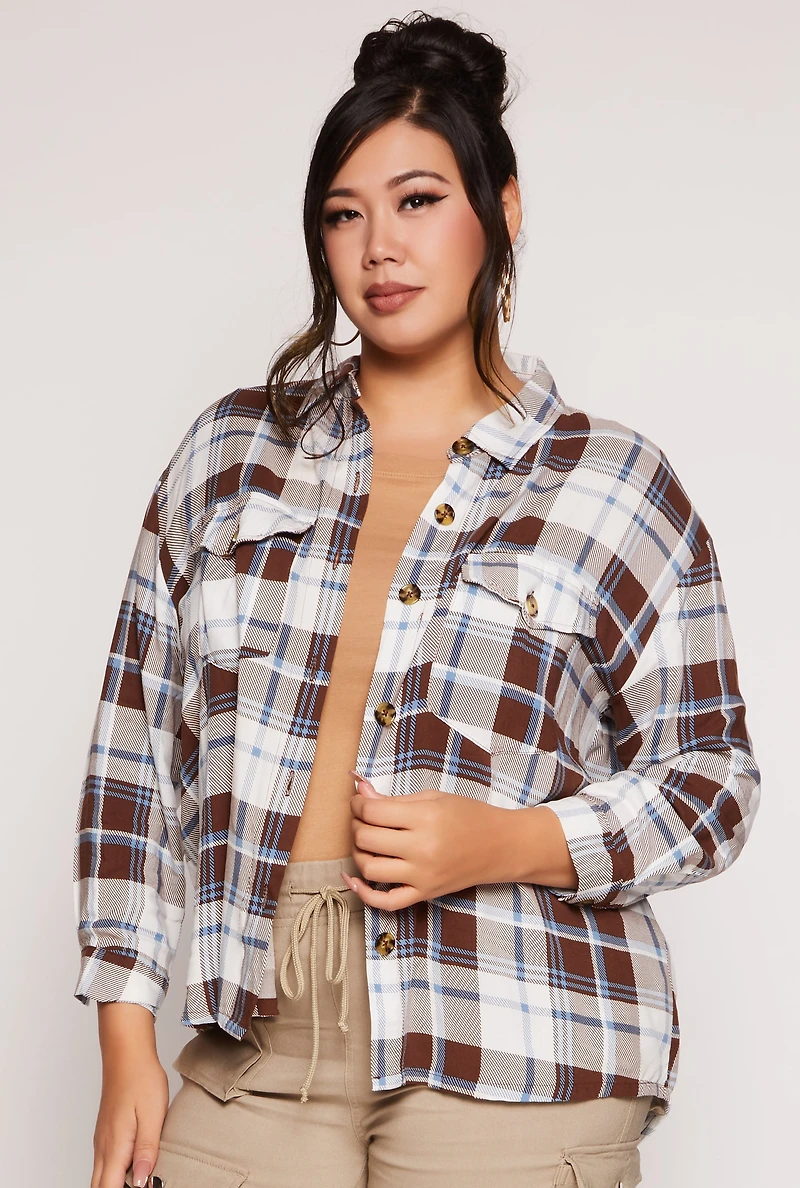Plus Plaid Button Front Long Sleeve Shirt