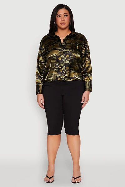 Womens Plus Size Camo Satin Shirt, Green, Size 1X