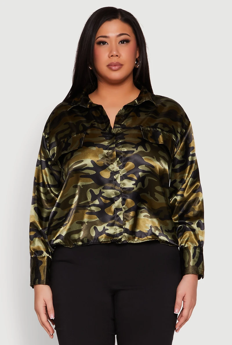 Womens Plus Size Camo Satin Shirt, Green, Size 1X