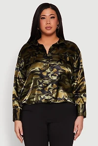 Womens Plus Size Camo Satin Shirt, Green, Size 1X
