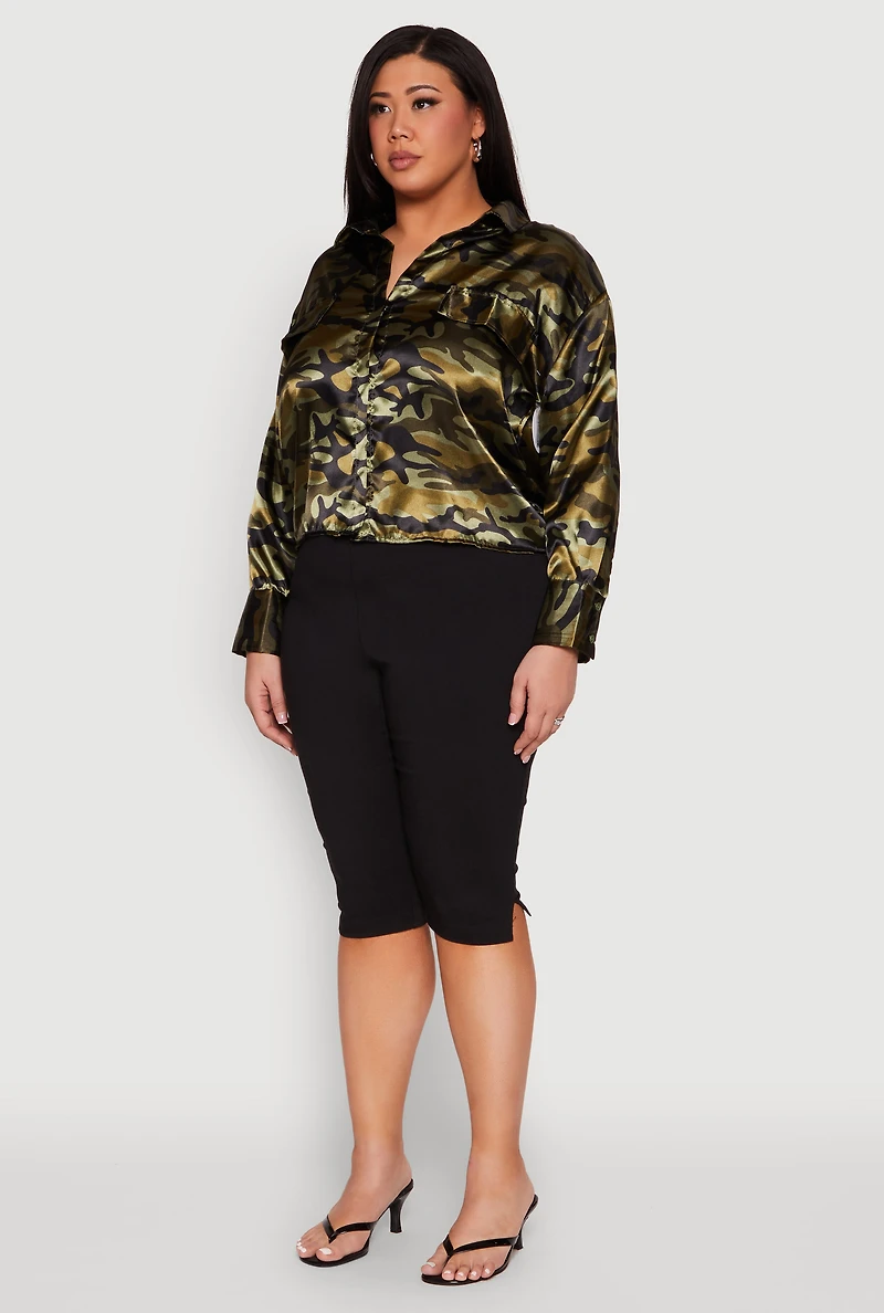 Womens Plus Size Camo Satin Shirt, Green, Size 1X
