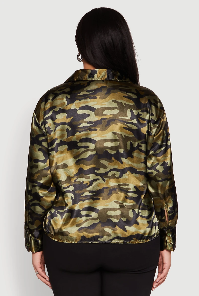 Womens Plus Size Camo Satin Shirt, Green, Size 1X