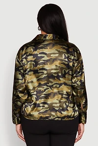 Womens Plus Size Camo Satin Shirt, Green, Size 2X