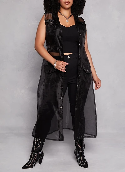 Plus Organza Button Front Tie Waist Belted Maxi Top