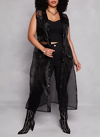 Plus Organza Button Front Tie Waist Belted Maxi Top