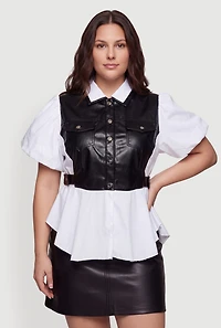 Plus Mixed Media Faux Leather Puff Sleeve Top